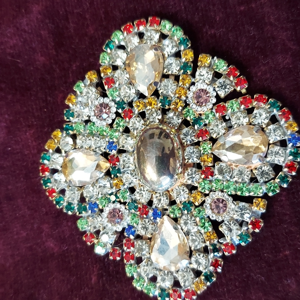 Czechoslovakian Multi Rhinestone Large Brooch